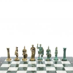 Шахматы "Римские войны" фигуры бронза / патина 44х44 см мрамор змеевик