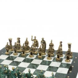 Шахматы "Римские войны" фигуры бронза / патина 44х44 см мрамор змеевик