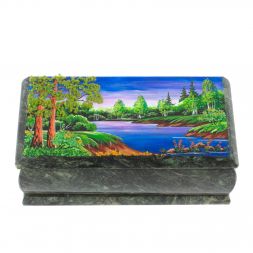 Шкатулка "Лето. Берег реки" из шабровского змеевика 18х9х6,5 см