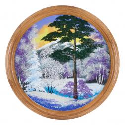 Панно каменное на тарелке из дерева "Зимний пейзаж" 50 см