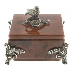 Шкатулка "Певчая птица" камень обсидиан коричневый 9х9х7,5 см