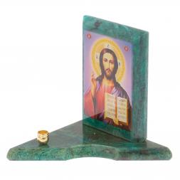 Икона с подсвечником Спаситель малая из змеевика 9,5х9,5х10 см