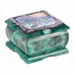 Шкатулка с иллюстрацией "Зимний вечер" змеевик 10х10х6,5 см