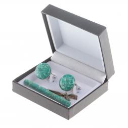 Набор запонки круглые и зажим для галстука камень амазонит