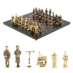 Шахматы из бронзы "Железнодорожники" доска 40х40 см, камень лемезит