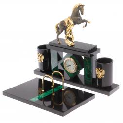 Письменный набор с часами "Конь с попоной" из малахита