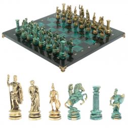 Шахматы "Древний Рим" фигуры бронза / патина 44х44 см змеевик