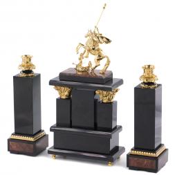 Каминные часы с подсвечниками "Святой Георгий" камень яшма бронза