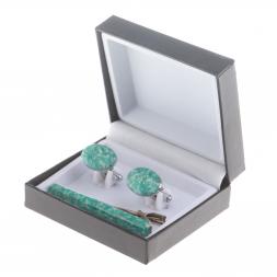 Набор запонки овальные и зажим для галстука камень амазонит