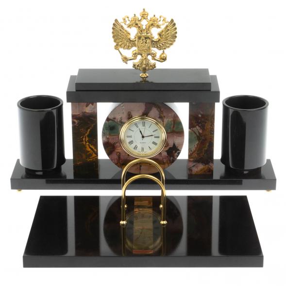 Письменный набор с часами &amp;quot;Герб РФ&amp;quot; из яшмы 129563
