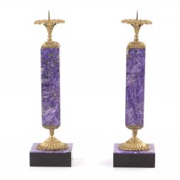 Настольные подсвечники из натурального камня чароит с бронзой пара