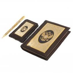 Подарочный набор "Держава" ежедневник, визитница и ручка коричневая кожа