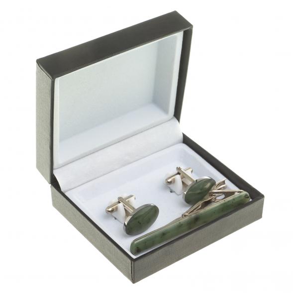 Набор запонки овальные и зажим для галстука нефрит 124082