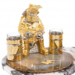 Икорница со стопками "Рыбак с санями" камень агат, мрамор Златоуст