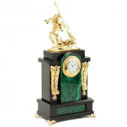 Каминные часы из малахита "Георгий Победоносец" с бронзовым литьем
