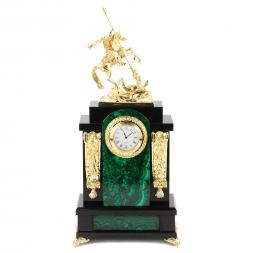 Каминные часы из малахита "Георгий Победоносец" с бронзовым литьем
