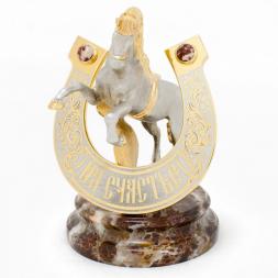 Сувенир "Конь с подковой на счастье" камень яшма, бронза