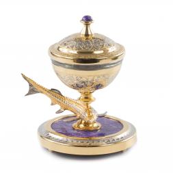 Икорница с рыбкой из бронзы "Стерлядка" камень чароит позолота Златоуст