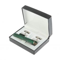 Набор запонки восьмиугольные и зажим для галстука камень малахит