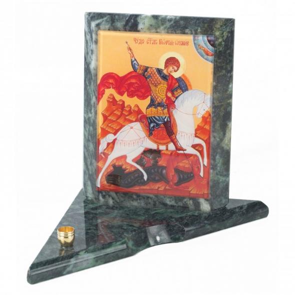 Икона с подсвечником Георгий Победоносец средняя из змеевика 12х12х13 см 118927