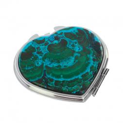 Зеркало карманное "Сердце" из малахита с хризоколлой цвет серебро