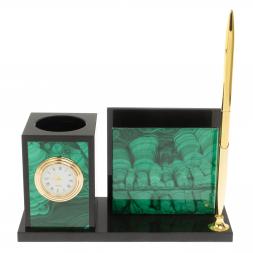 Мини-набор с часами из малахита 18х7х9 см