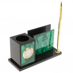 Мини-набор с часами из малахита 18х7х9 см