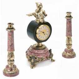 Интерьерные часы с подсвечниками "Ангел с дудочкой" камень креноид бронза