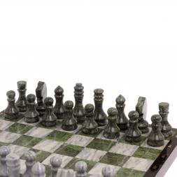 Шахматный набор 3 в 1 серый мрамор, змеевик с гравировкой