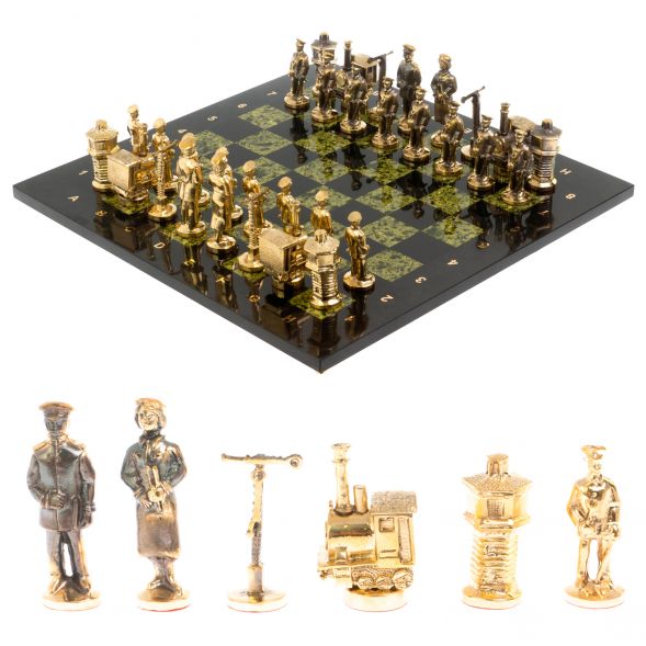Бронзовые шахматы &amp;quot;Железнодорожники&amp;quot; доска 40х40 см змеевик 128161