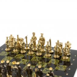 Бронзовые шахматы "Железнодорожники" доска 40х40 см змеевик