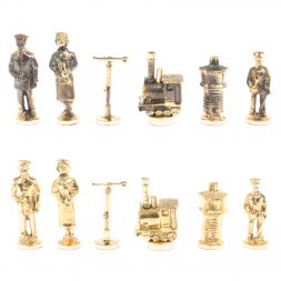 Бронзовые шахматы "Железнодорожники" доска 40х40 см змеевик