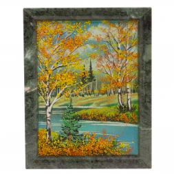 Картина из камня "Осенний пейзаж" рамка змеевик 19х24 см