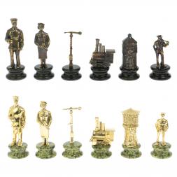 Шахматы подарочные "Железнодорожники" из бронзы и змеевика 48х48 см
