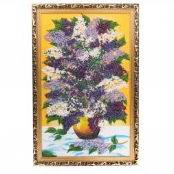 Картина из каменной крошки "Сирень в вазе" багет 89х59 см желтый фон