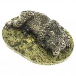 Статуэтка из бронзы &amp;quot;Большой медведь лежит&amp;quot; на подставке из змеевика