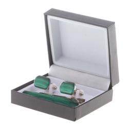 Набор запонки закругленные и зажим для галстука малахит