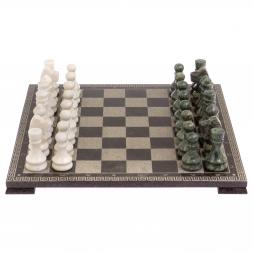 Шахматы с гравировкой "Греческий орнамент" доска 40х40 см змеевик белый мрамор