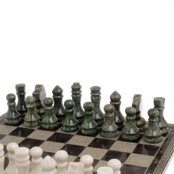 Шахматы с гравировкой "Греческий орнамент" доска 40х40 см змеевик белый мрамор