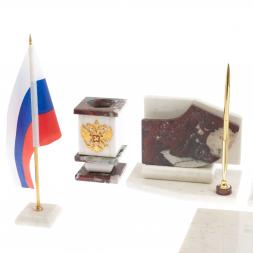 Настольный канцелярский набор с гербом и флагом России камень креноид и белый мрамор