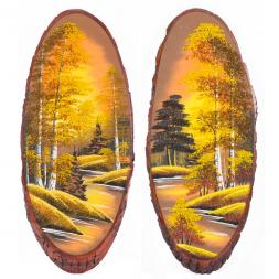 Панно на срезе дерева "Осень янтарная" вертикальное 85-90 см каменная крошка