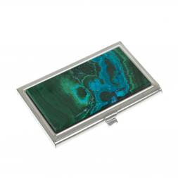 Карманная визитница из камня малахит с хризоколой цвет серебро