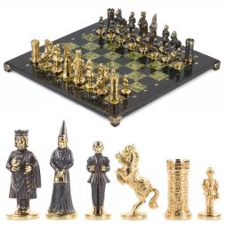 Шахматы подарочные "Камелот" из бронзы и змеевика 40х40 см