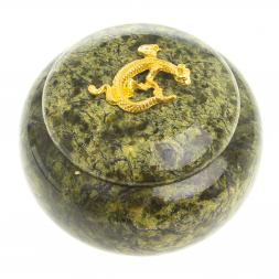 Шкатулка круглая с ящерицей камень змеевик 8х8х6,5 см