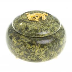 Шкатулка круглая с ящерицей камень змеевик 8х8х6,5 см