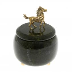 Шкатулка круглая &amp;quot;Лошадка&amp;quot; бронза змеевик 8х8х8,5 см