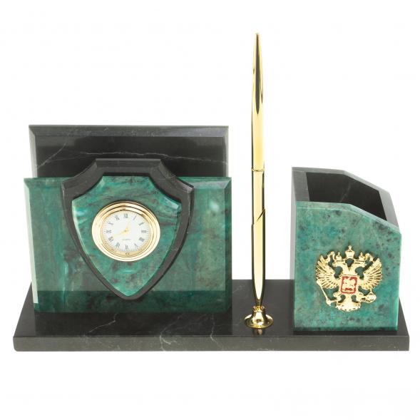 Настольная визитница &amp;quot;Щит&amp;quot; из темно-зеленого змеевика 123660