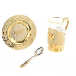 Чайная пара "Гербовая" подстаканник 260 мл на блюдце с ложкой Златоуст