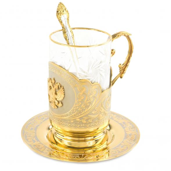 Чайная пара &amp;quot;Гербовая&amp;quot; подстаканник 260 мл на блюдце с ложкой Златоуст 121045
