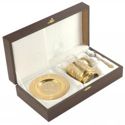 Чайная пара "Гербовая" подстаканник 260 мл на блюдце с ложкой Златоуст